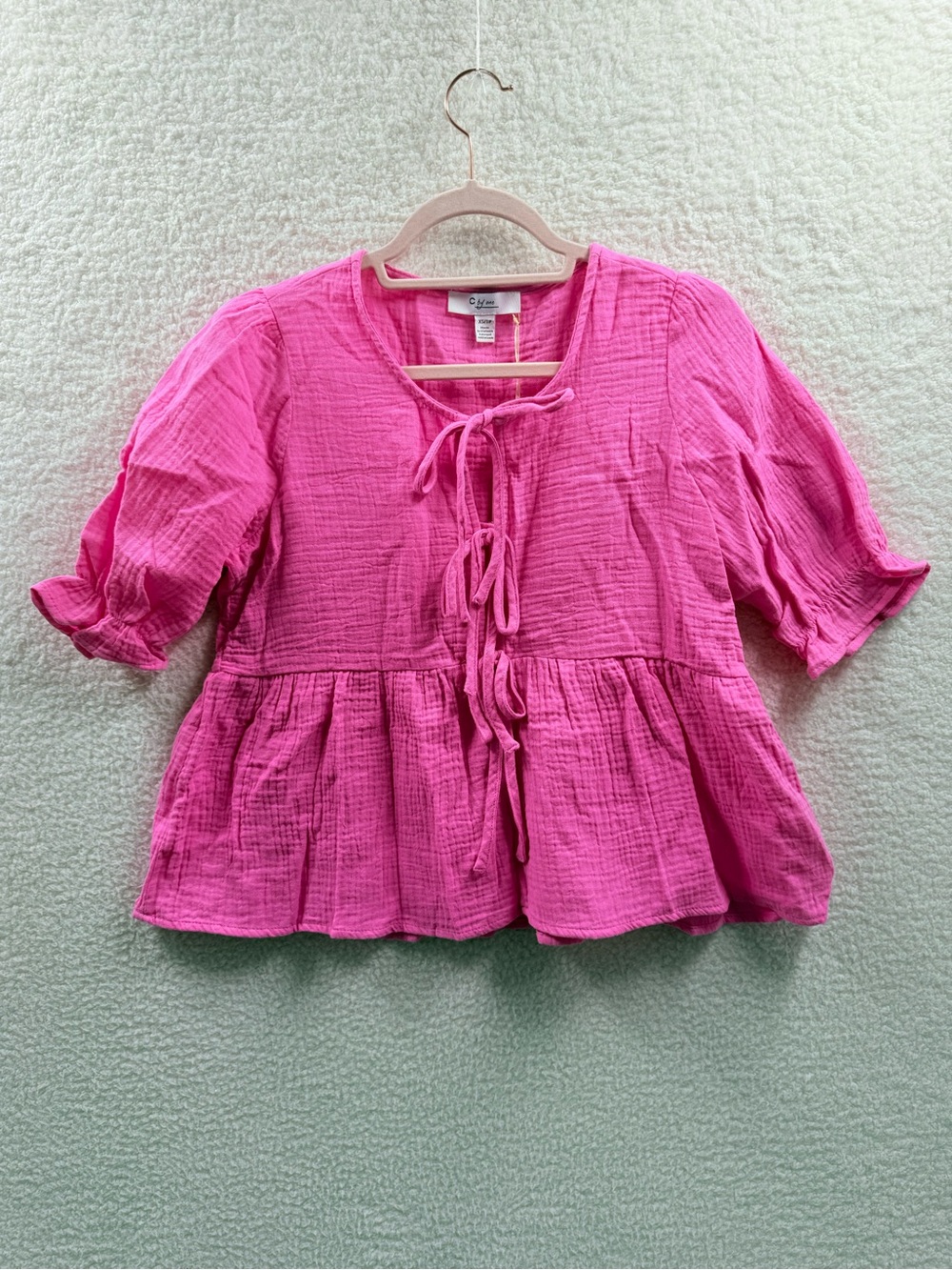 C by one  Pink Gauze Tie-Front Peplum Top Cotton Short sleeve XS Nwt